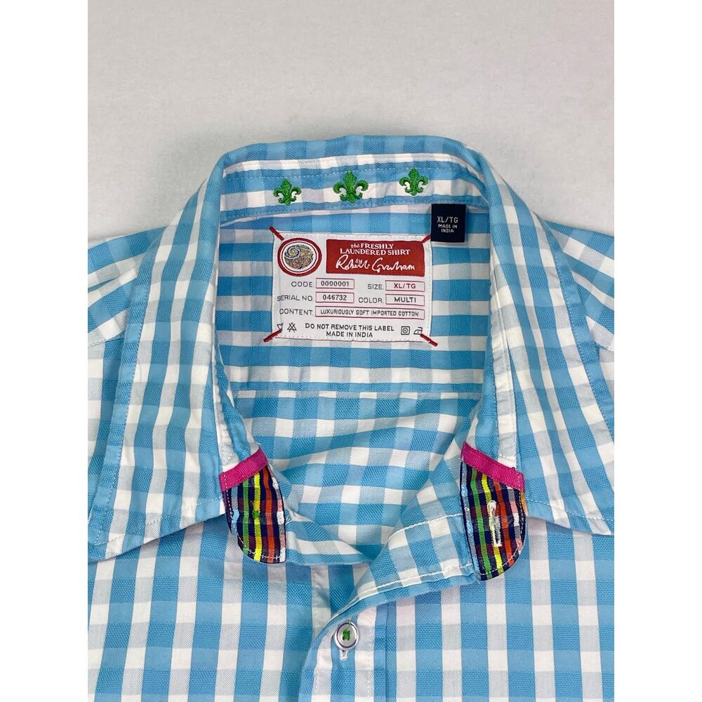 Robert Graham Blue White Gingham Check Long Sleeve Button Up Dress Shirt Size XL - Picture 3 of 11
